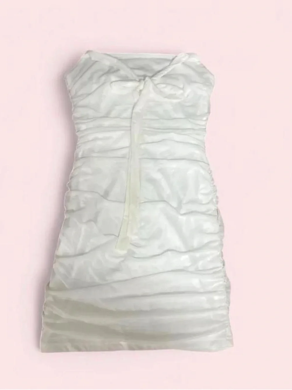 Strapless White Ruched Maxi Dress with Front Tie Detail